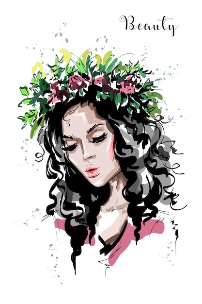 Beautiful girl in flower wreath.