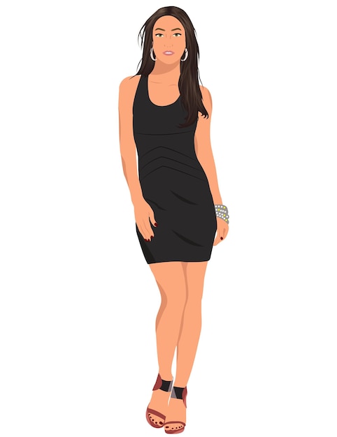 Vector beautiful girl in full growth in a black dress