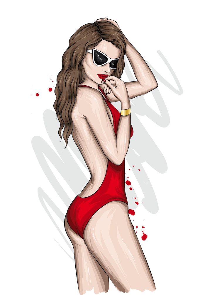 Vector beautiful girl in glasses and a swimsuit