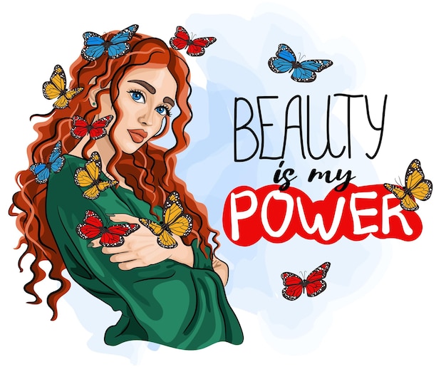 Beautiful girl in green dress with butterflies cartoon vector illustration. Red haired pretty woman