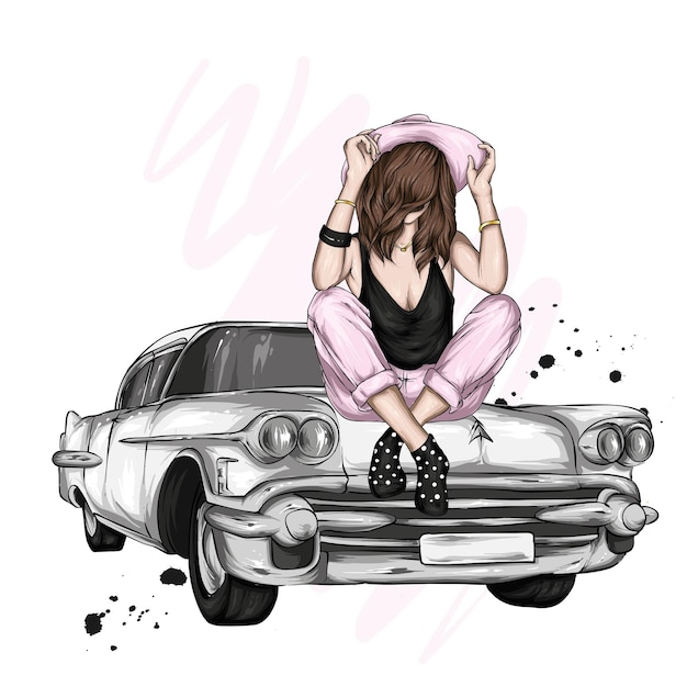 Vector beautiful girl in a hat sits on a retro car