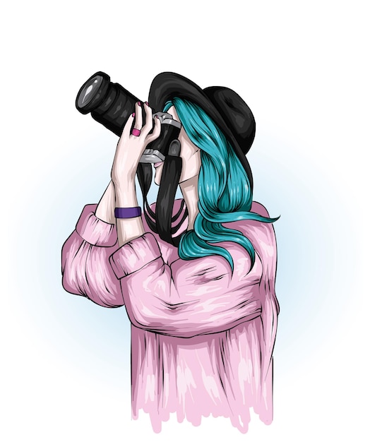 Vector beautiful girl in a hat and with a camera