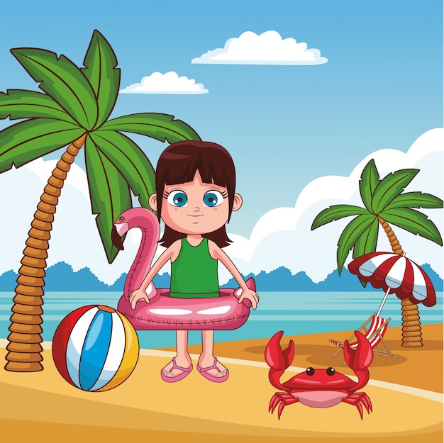 Beautiful girl having fun at beach cartoon vector illustration graphic design