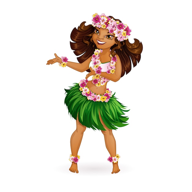 A beautiful girl in hawaiian clothes dances hula.