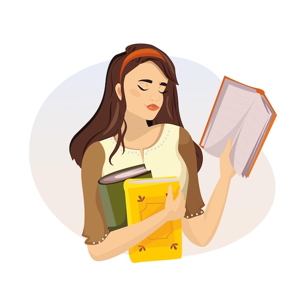 beautiful girl holding books in her hands. cozy and warm illustration