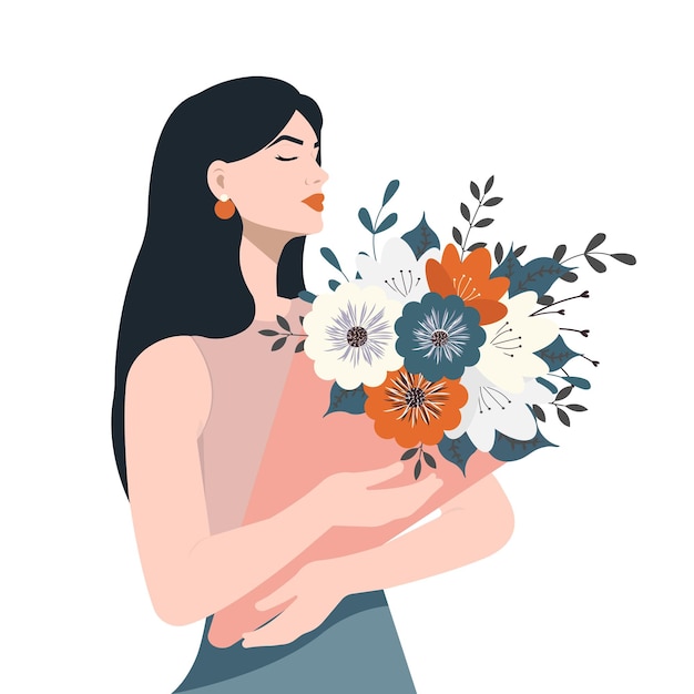 Vector a beautiful girl holding a bouquet of flowers in white background