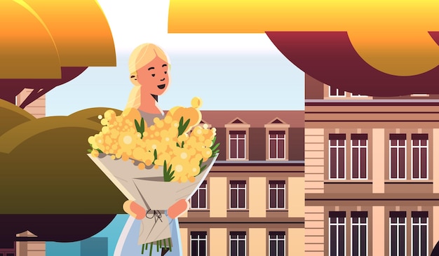 Vector beautiful girl holding flowers bouquet 8 march international happy womens day celebration concept