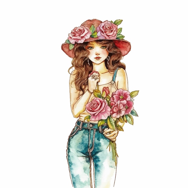 Вектор Красивая девушка с розами в руках акварельная краска