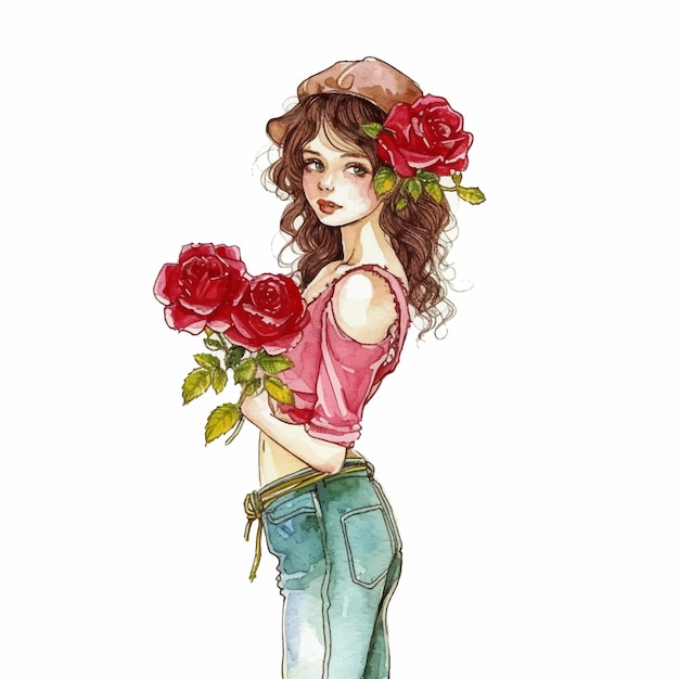 Vector beautiful girl holding roses watercolor paint