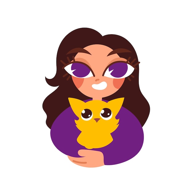 Vector a beautiful girl holds her beloved pet in her arms the concept of a pet that lives in love and affection a kitten with big eyes loves to be in the hands of girls vector