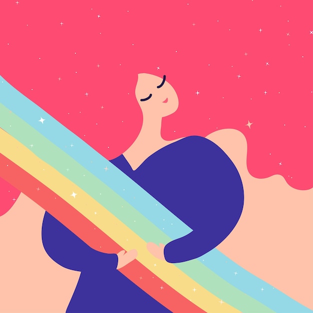 beautiful girl hugging rainbow and stars on pink background