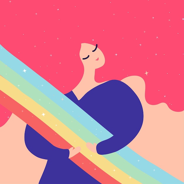 Beautiful girl hugging rainbow and stars on pink background