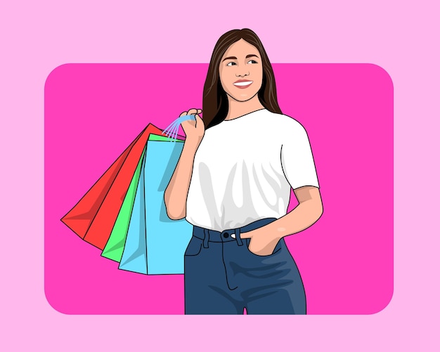 Вектор Красивая девушка в белой футболке счастливое шопинг настроение мультфильм векторные иллюстрации
