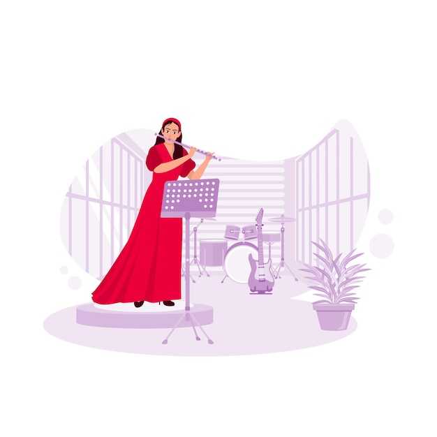 Beautiful girl in a long dress performing a song on a flute Trend Modern vector flat illustration