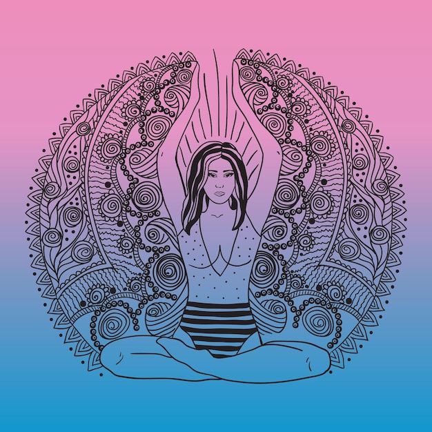 Beautiful girl in the lotus position on the mat for yoga Vector colored illustration on the mandala background The design concept of yoga relax happiness meditation