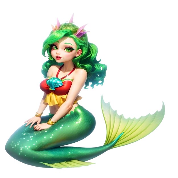 Beautiful Girl Mermaid Princess with Curly Green