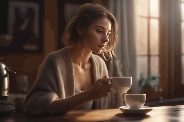 Vector beautiful girl in the morningbeautiful girl in the morningyoung woman sitting at home with cup of ho