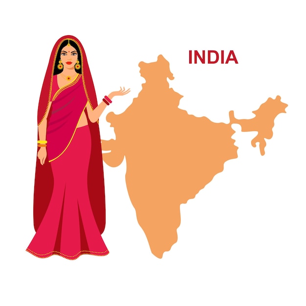 Beautiful girl in national dress on a background map of india an indian woman wearing a traditional