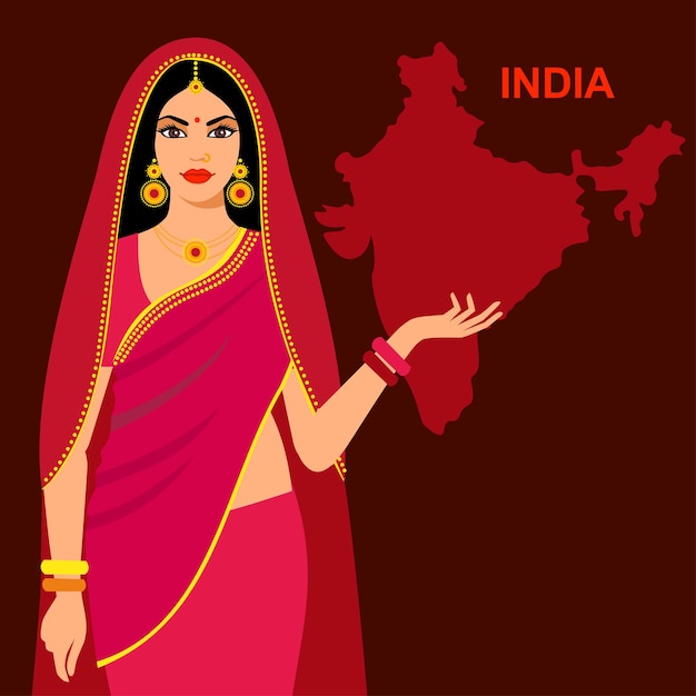 Beautiful girl in national dress on a background map of india an indian woman wearing a traditional