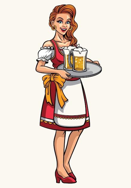 Bella ragazza di oktoberfest indossando abiti tradizionali bavaresi drindl e presentando le birre