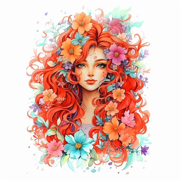 벡터 꽃 수채화 물감으로 둘러싸인 아름다운 소녀 초상화