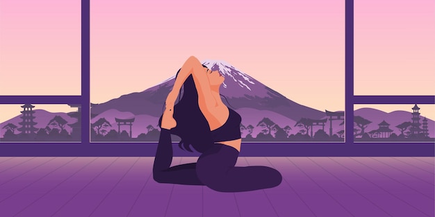 Beautiful girl practising yoga against the backdrop of a silhouette of mountains and an Asian city