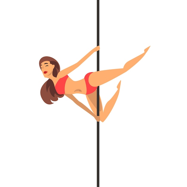 Vector beautiful girl in red bikini dancing around pole dance on the pylon fitness on the pole vector illustration isolated on a white background