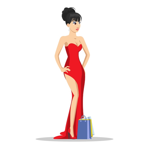 Vector beautiful girl in red dress.
