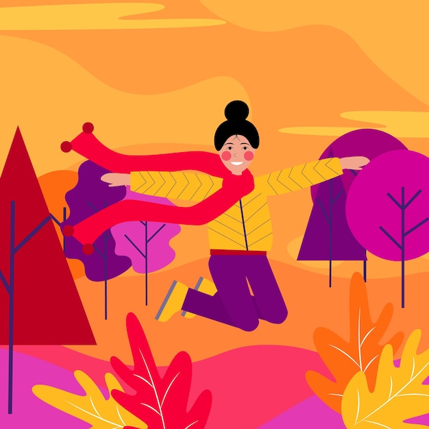 Beautiful girl in a red scarf and yellow jacket jumping against the background of an autumn park or forest. vector flat illustration in orange, red and purple color