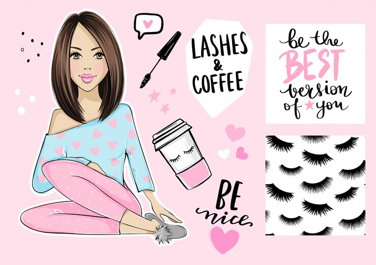 Vector beautiful girl, seamless pattern with lashes, poster with inspirational quote, mascara and paper coffee cup.