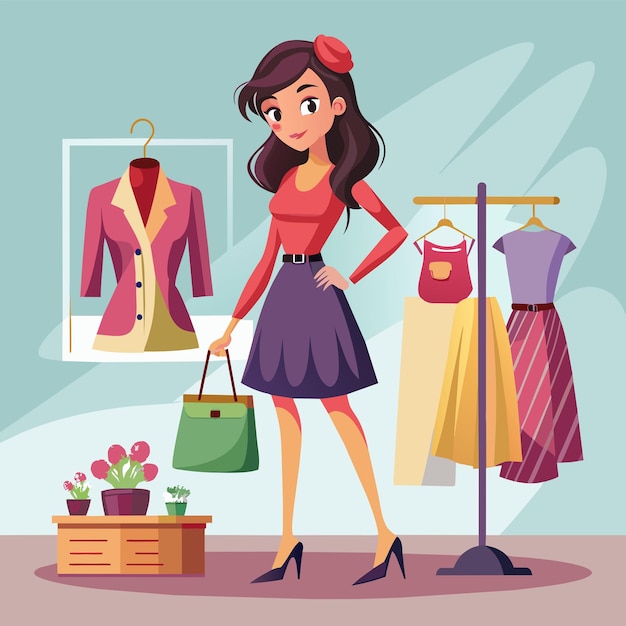 Vettore beautiful girl shopping fashion cloths full body view illustration (illustrazione del corpo intero)