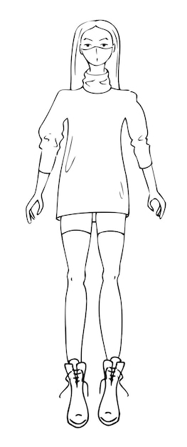 짧은 드레스와 마스크 한 획 간단한 밝은 패션 일러스트 벡터에서 아름 다운 소녀