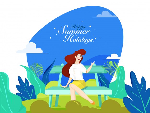 Vector beautiful girl sitting on garden bench for happy summer holidays