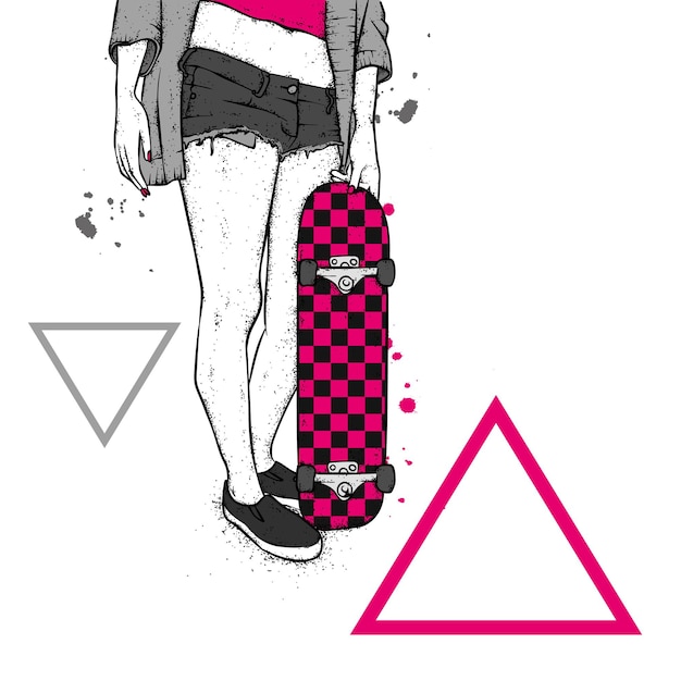 Bella ragazza e illustrazione di skateboard