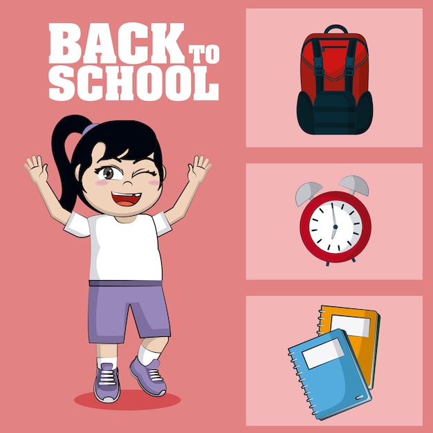 Beautiful girl student with school supplies icons