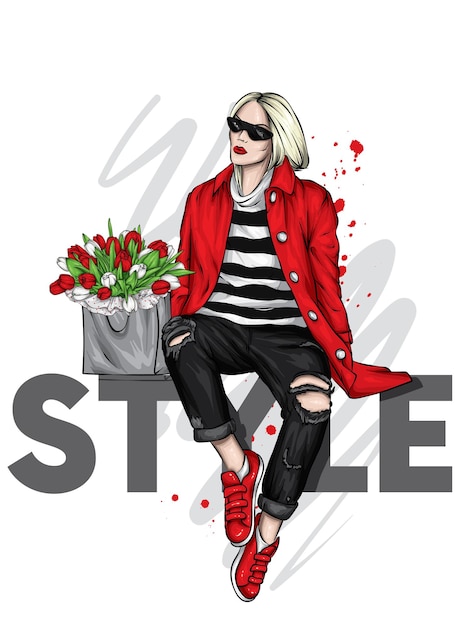 Vector beautiful girl in stylish clothes and accessories fashion and style