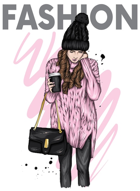 Vector beautiful girl in stylish clothes and accessories fashion and style