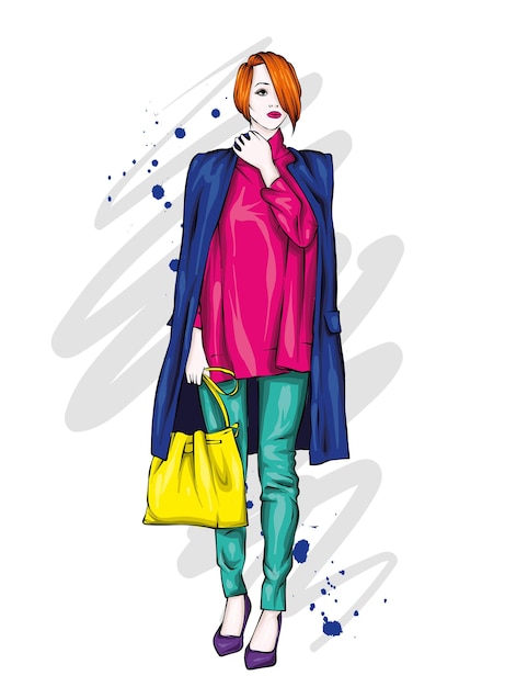 Vector beautiful girl in stylish clothes and accessories fashion and style