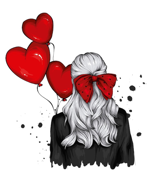 Vector beautiful girl in stylish clothes and balloonshearts love and valentines day fashion and style