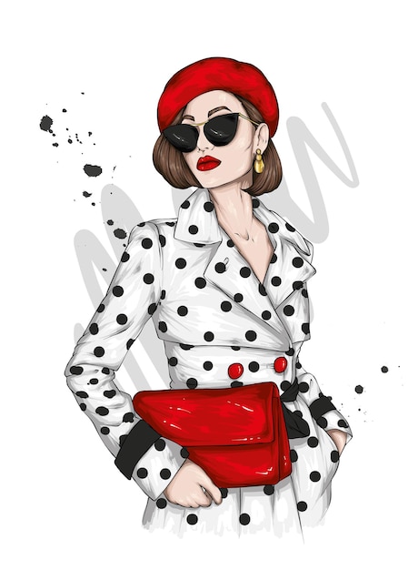 Vector beautiful girl in stylish clothes and beret