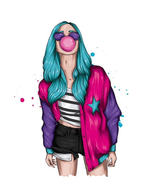 Vector beautiful girl in stylish clothes and chewing gum