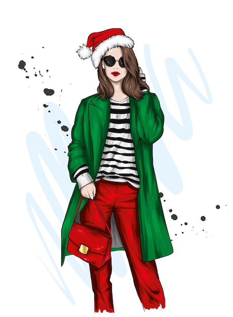 Vector beautiful girl in stylish clothes and a christmas hat