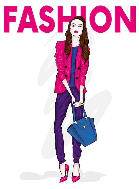 Vector beautiful girl in stylish clothes, fashion and style