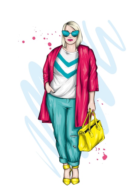 Vector beautiful girl in stylish clothes fashion and style