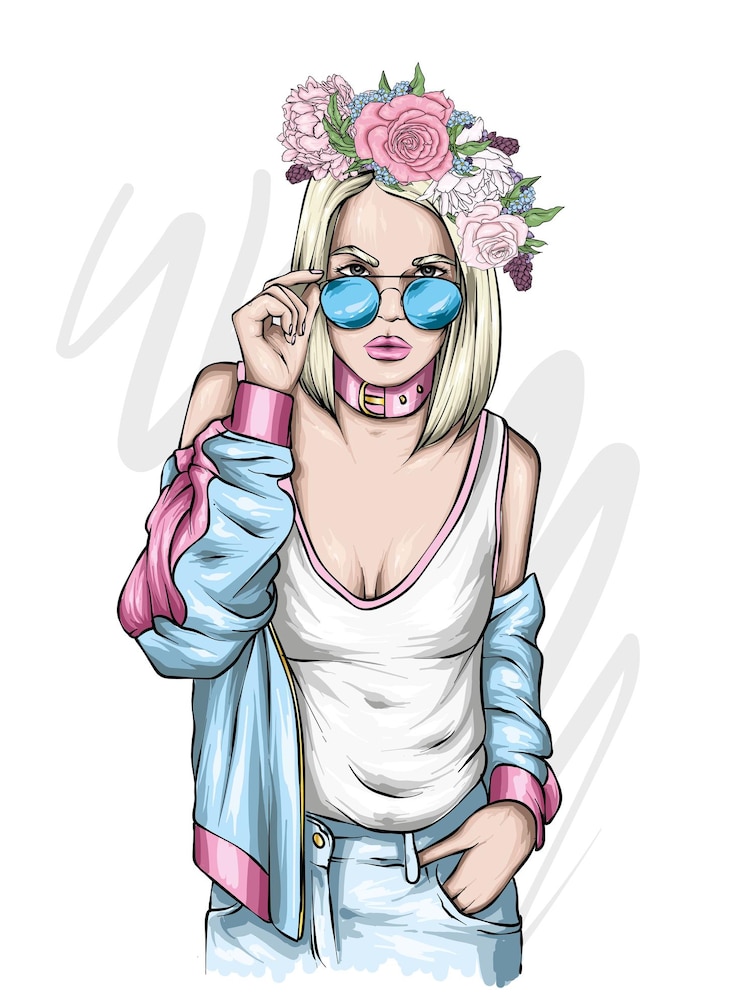 Vector beautiful girl in stylish clothes and floral wreath