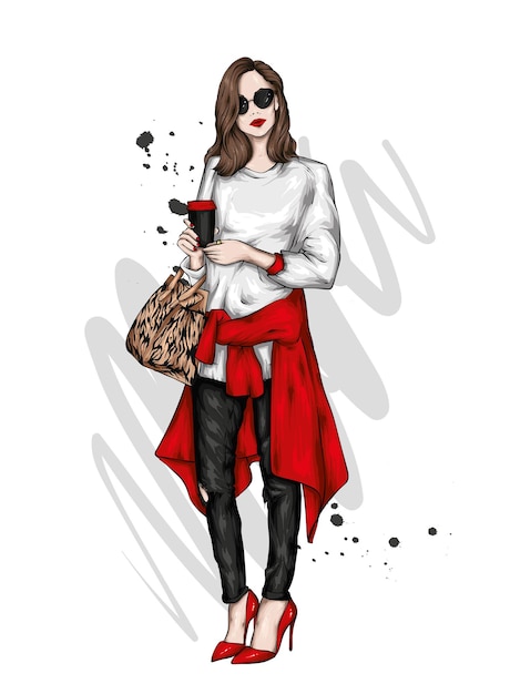 Vector beautiful girl in stylish clothes and a glass of coffee