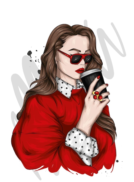 Vector beautiful girl in stylish clothes and a glass of coffee