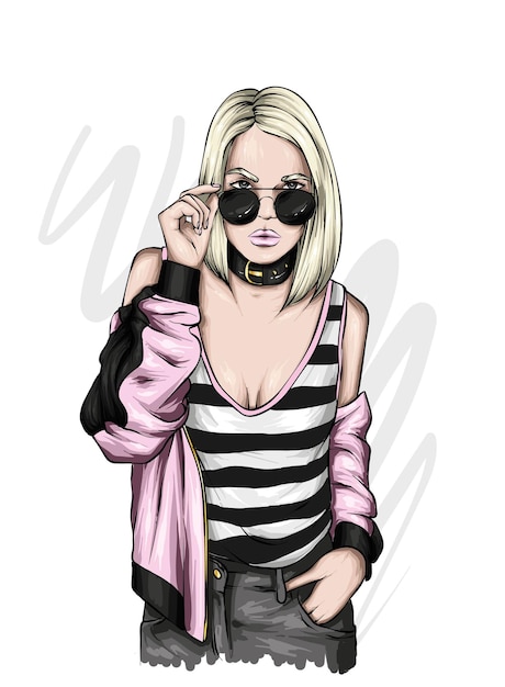 Vector beautiful girl in stylish clothes and glasses