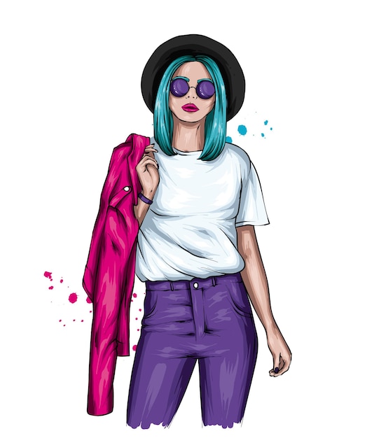 Vector beautiful girl in stylish clothes and hat