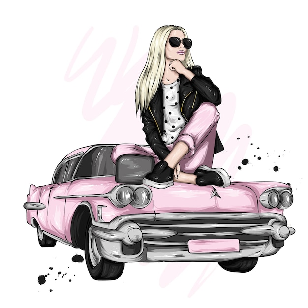 Vector beautiful girl in stylish clothes and a retro car